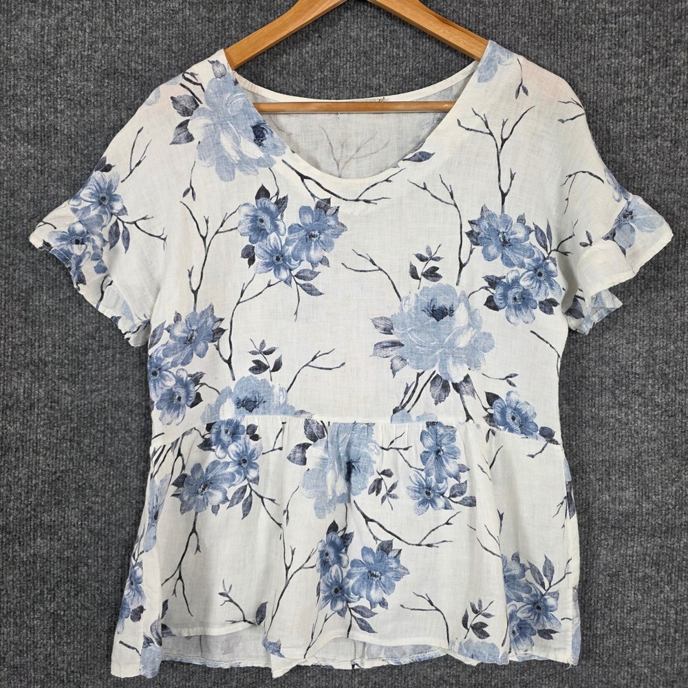 Lungo‎ L'Arno Blue White Floral 100% Linen Peplum Blouse Made in Italy S ART